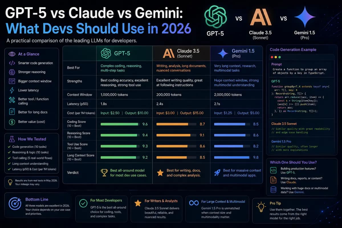 Featured image for blog post: GPT-5 vs Claude vs Gemini: What Devs Should Use in 2026