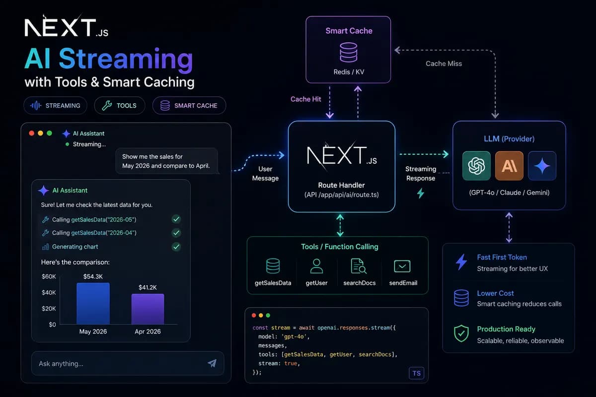 Featured image for blog post: Next.js AI Streaming with Tools and Smart Caching